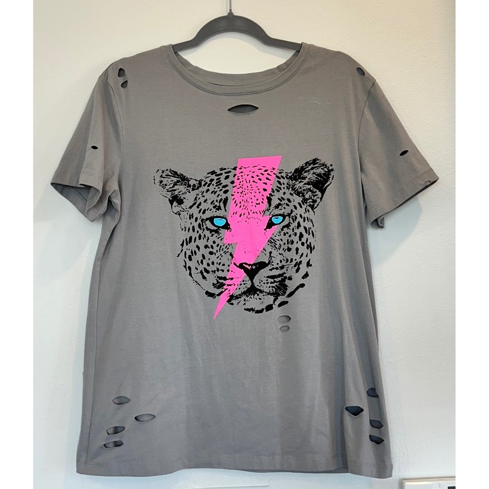 Gray Distressed Leopard Lightning Bolt Graphic T-Shirt Women Large Pink Blue